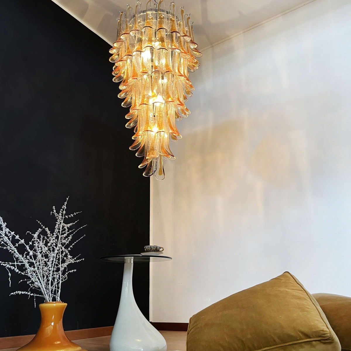 Marigold Glass Chandelier – Cascading Amber Petal Pendant Light for Dining Room & Entryway