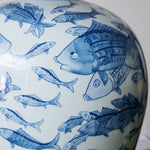 Marina Porcelain Table Lamp with Hand-Painted Fish Motif and Linen Shade