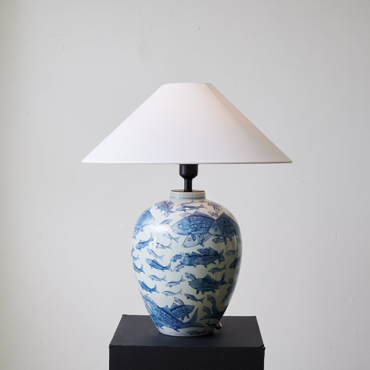 Marina Porcelain Table Lamp with Hand-Painted Fish Motif and Linen Shade