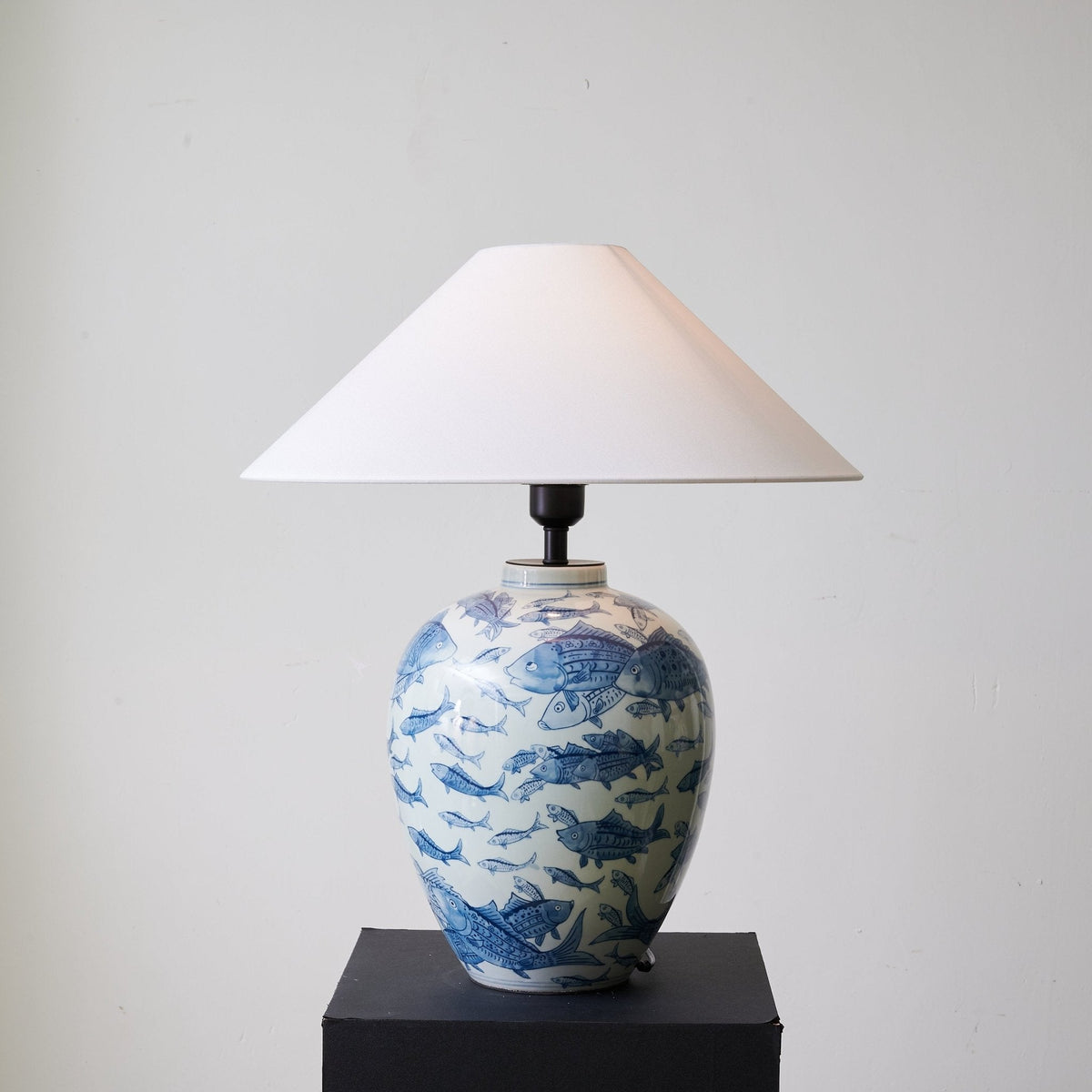 Marina Porcelain Table Lamp with Hand-Painted Fish Motif and Linen Shade