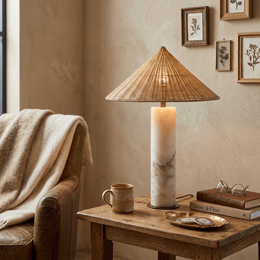 Marisol Natural Marble Table Lamp with Rattan Shade