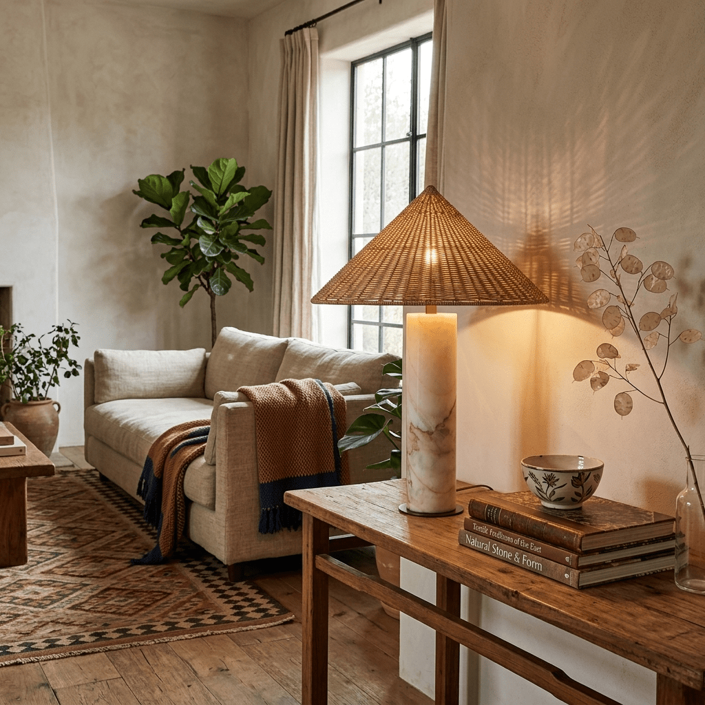 Marisol Natural Marble Table Lamp with Rattan Shade