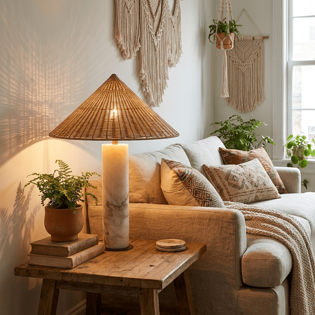 Marisol Natural Marble Table Lamp with Rattan Shade