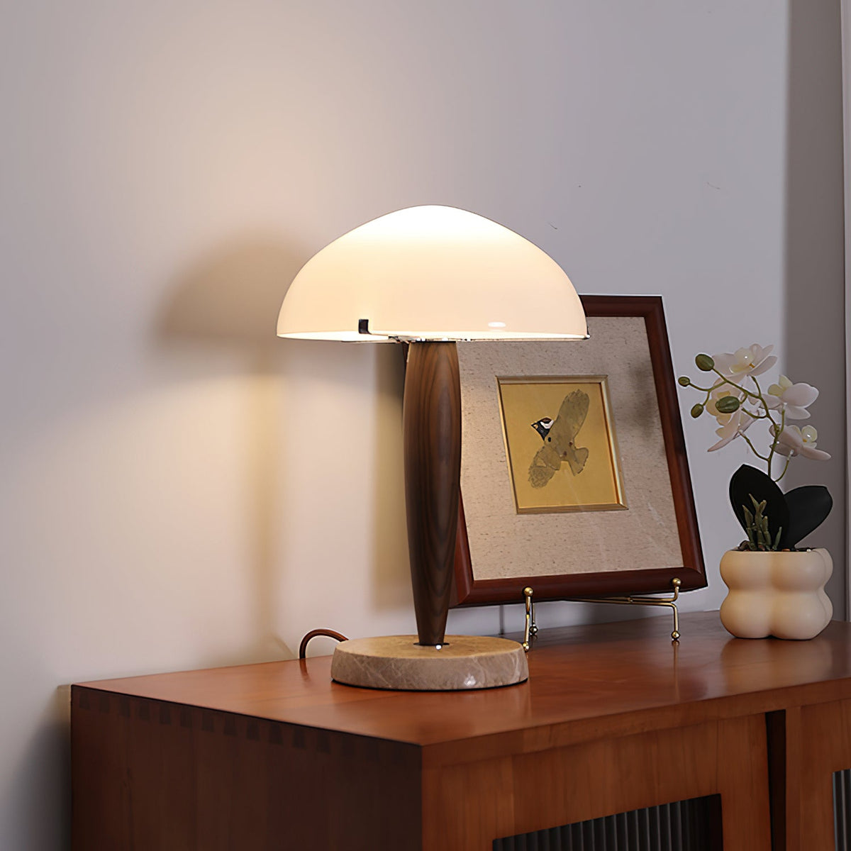 Marlo Dome Table Lamp in Walnut and Marble, Modern Designer Lighting