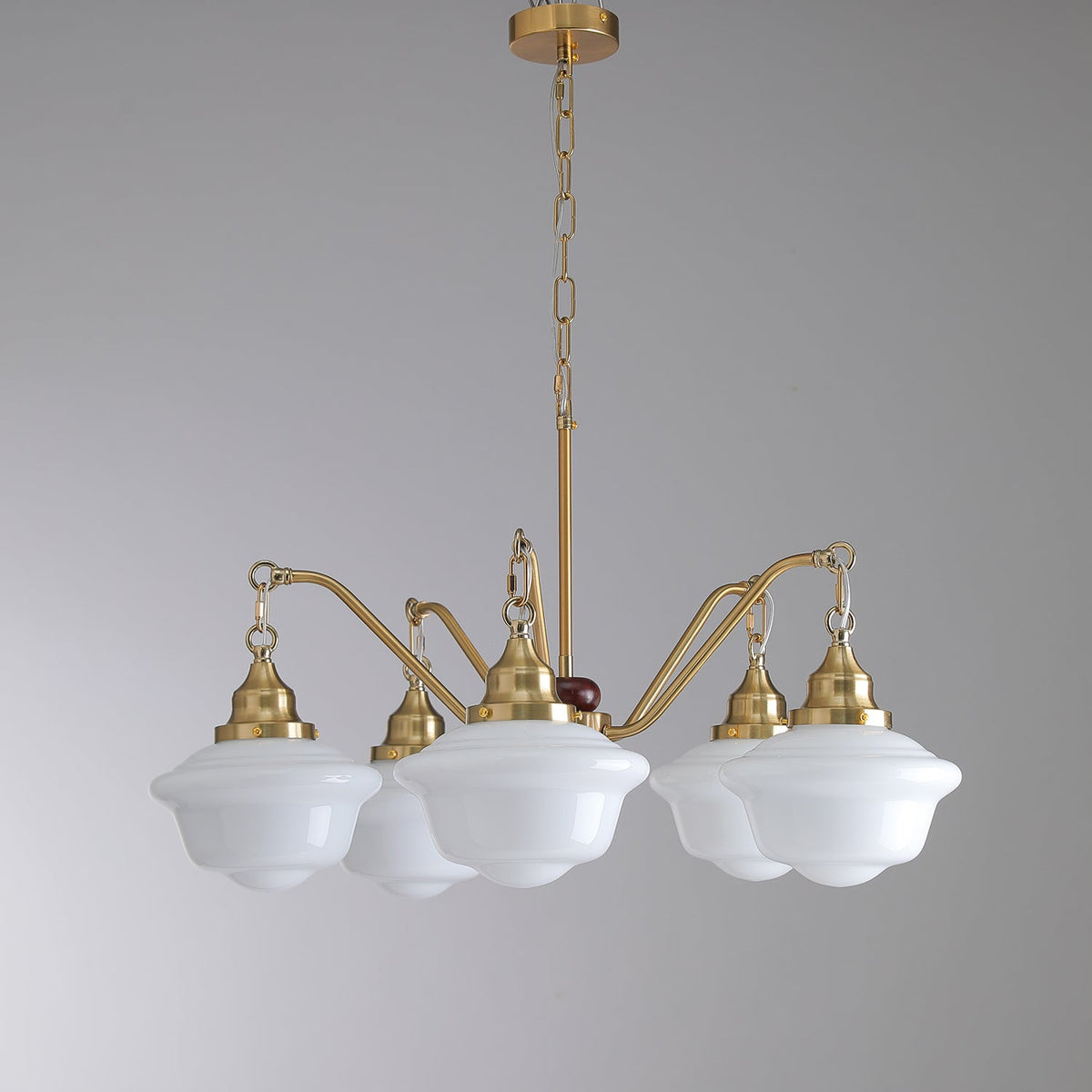 Marquette Modern Gold Chandelier with Frosted Glass Globes and Wood Accents