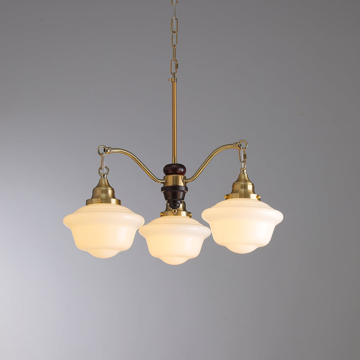 Marquette Modern Gold Chandelier with Frosted Glass Globes and Wood Accents