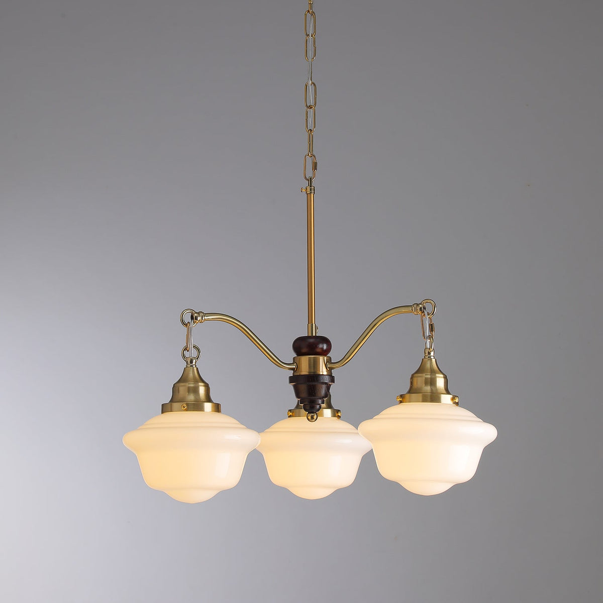 Marquette Modern Gold Chandelier with Frosted Glass Globes and Wood Accents