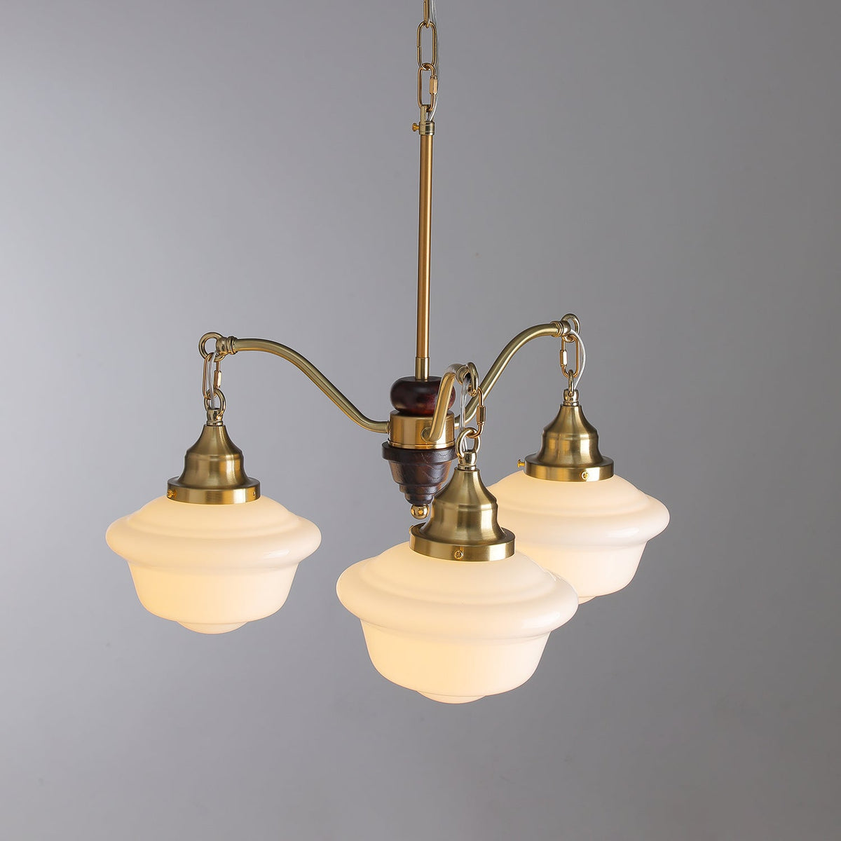Marquette Modern Gold Chandelier with Frosted Glass Globes and Wood Accents