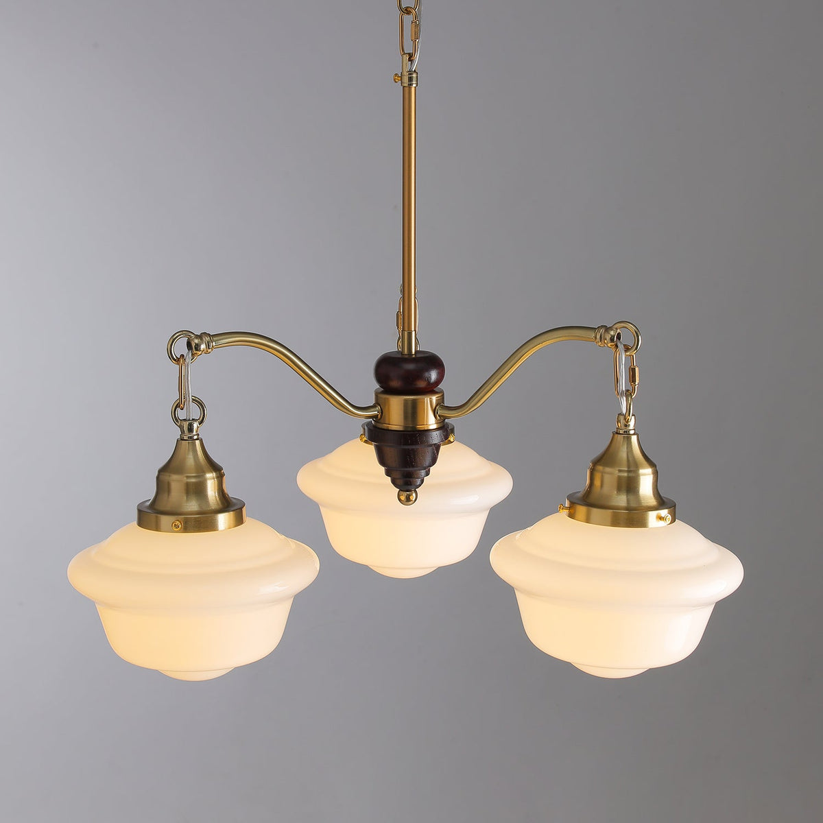 Marquette Modern Gold Chandelier with Frosted Glass Globes and Wood Accents