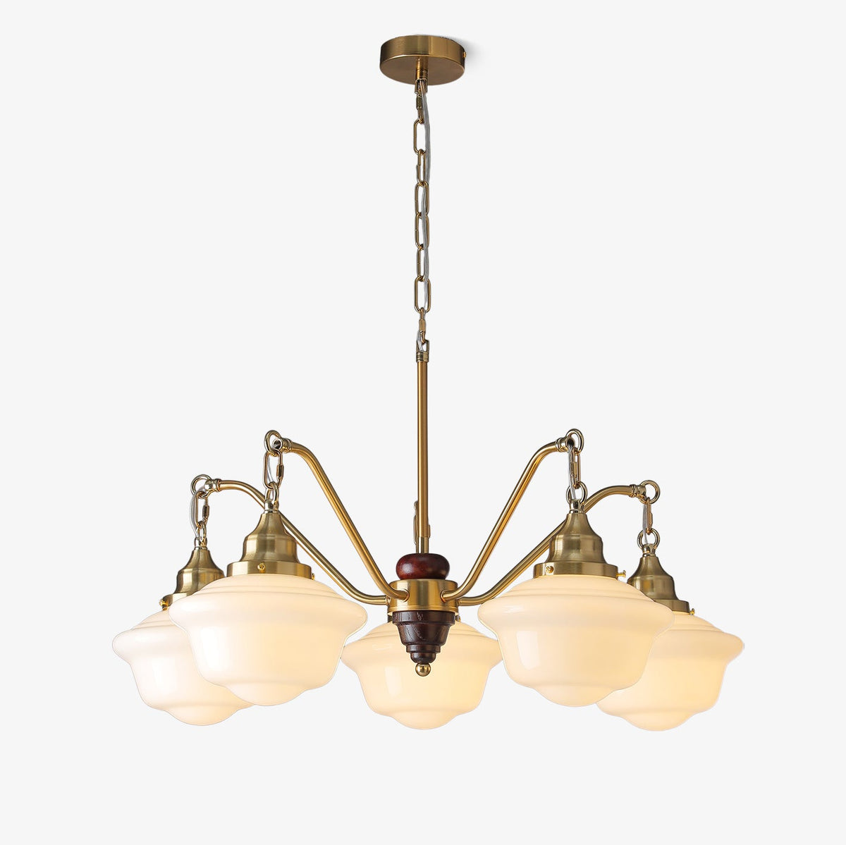 Marquette Modern Gold Chandelier with Frosted Glass Globes and Wood Accents