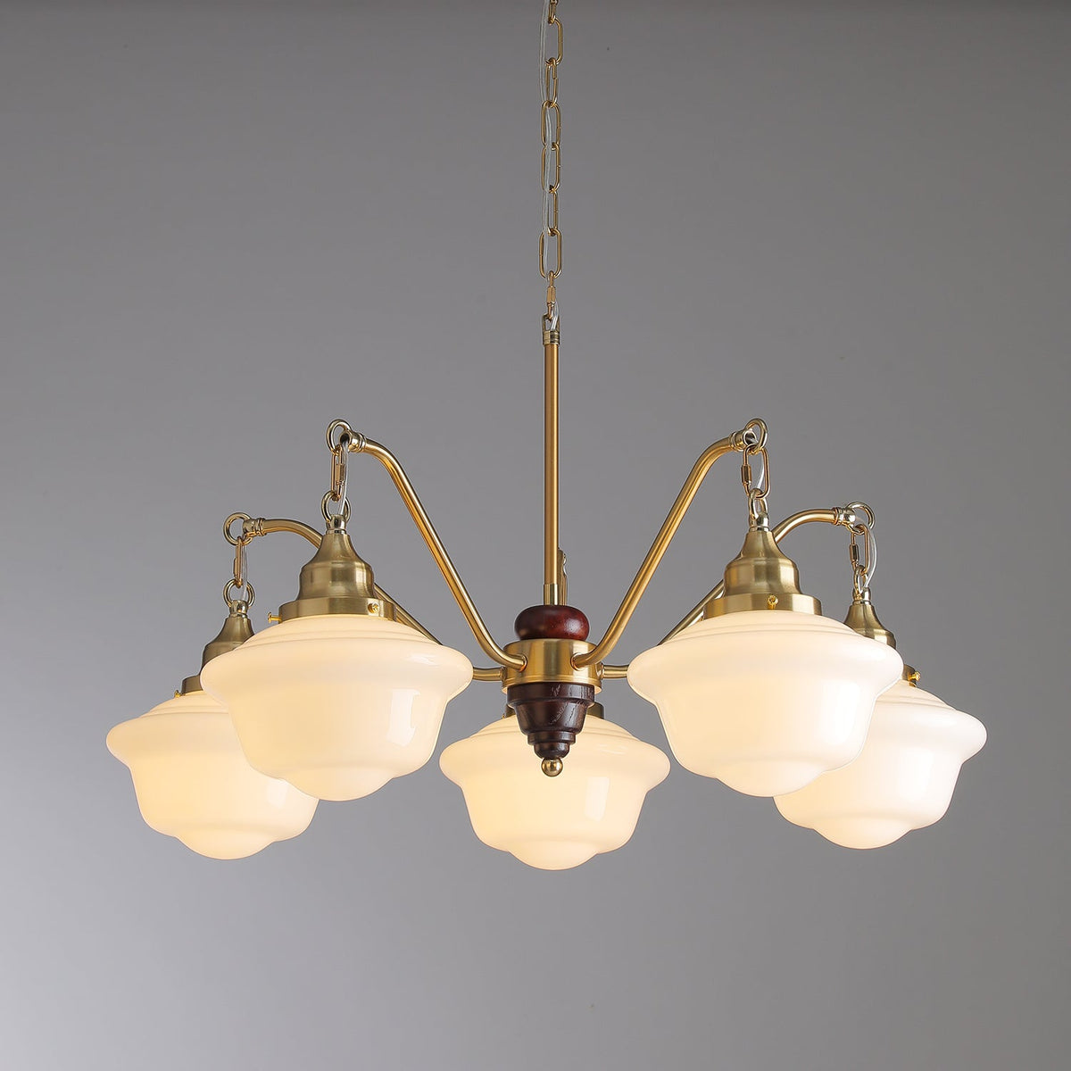 Marquette Modern Gold Chandelier with Frosted Glass Globes and Wood Accents