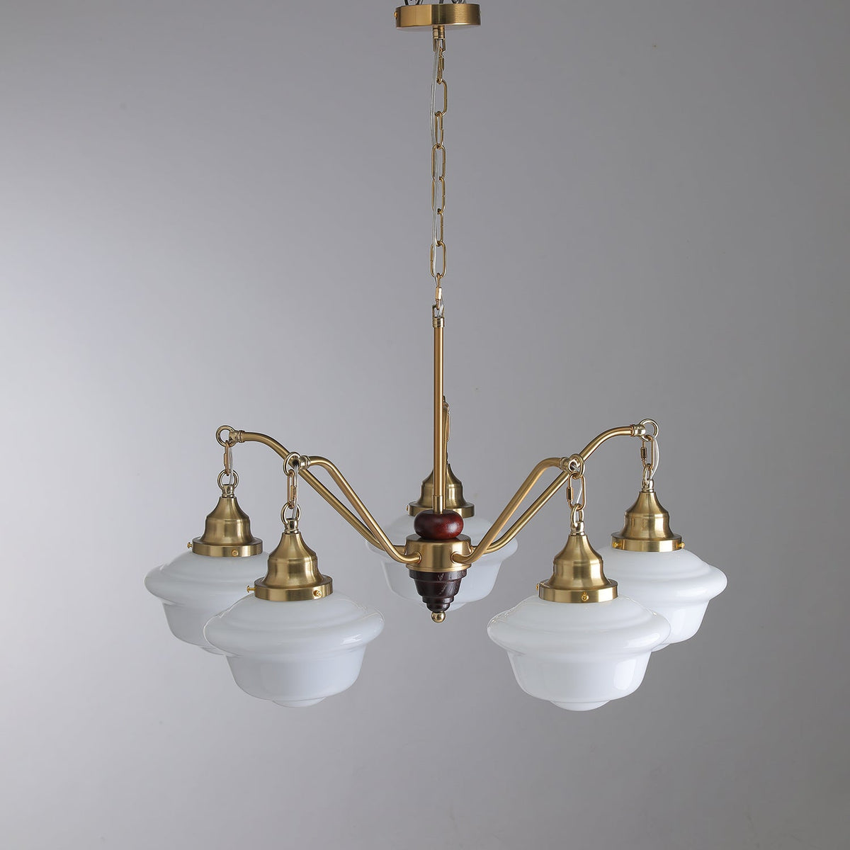 Marquette Modern Gold Chandelier with Frosted Glass Globes and Wood Accents