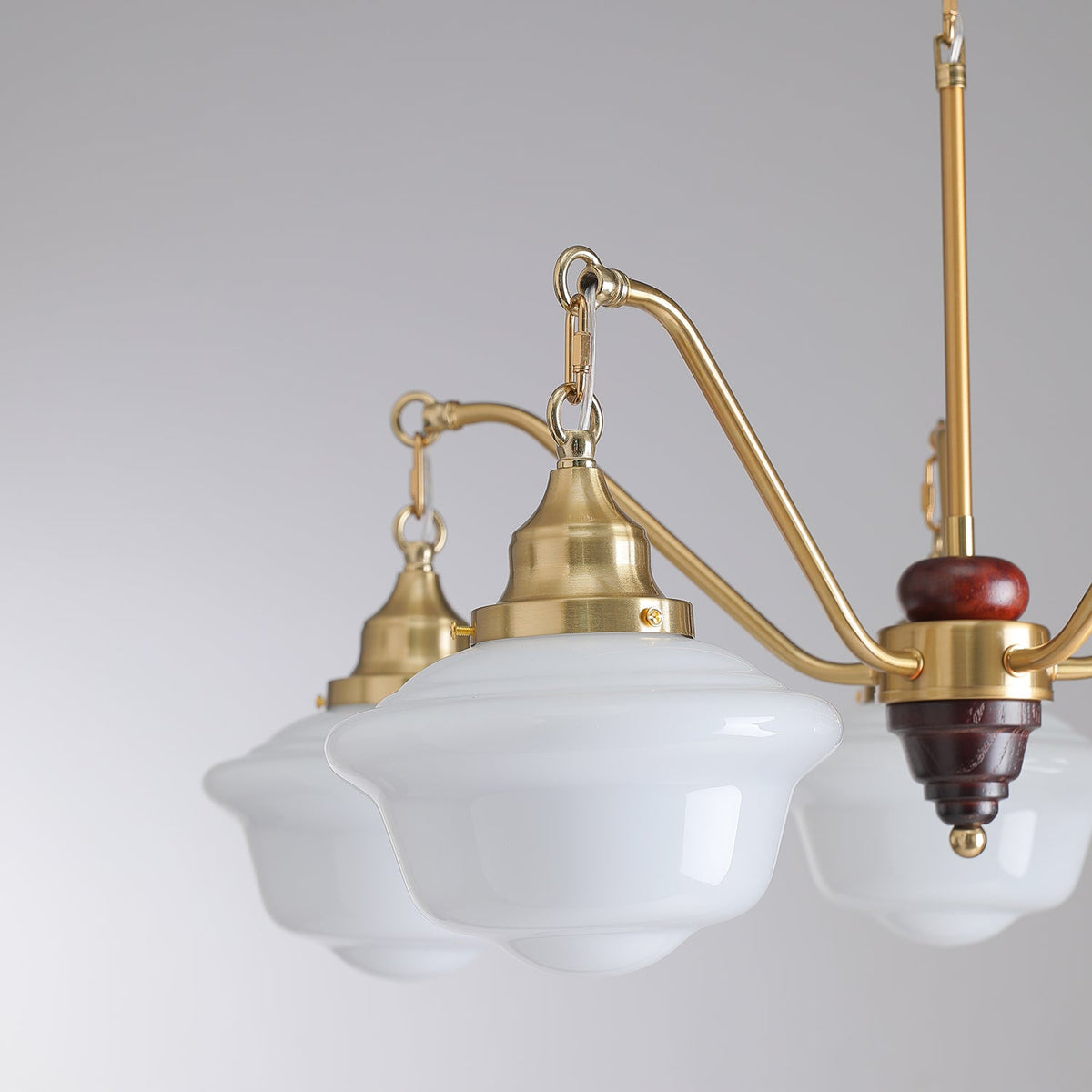 Marquette Modern Gold Chandelier with Frosted Glass Globes and Wood Accents