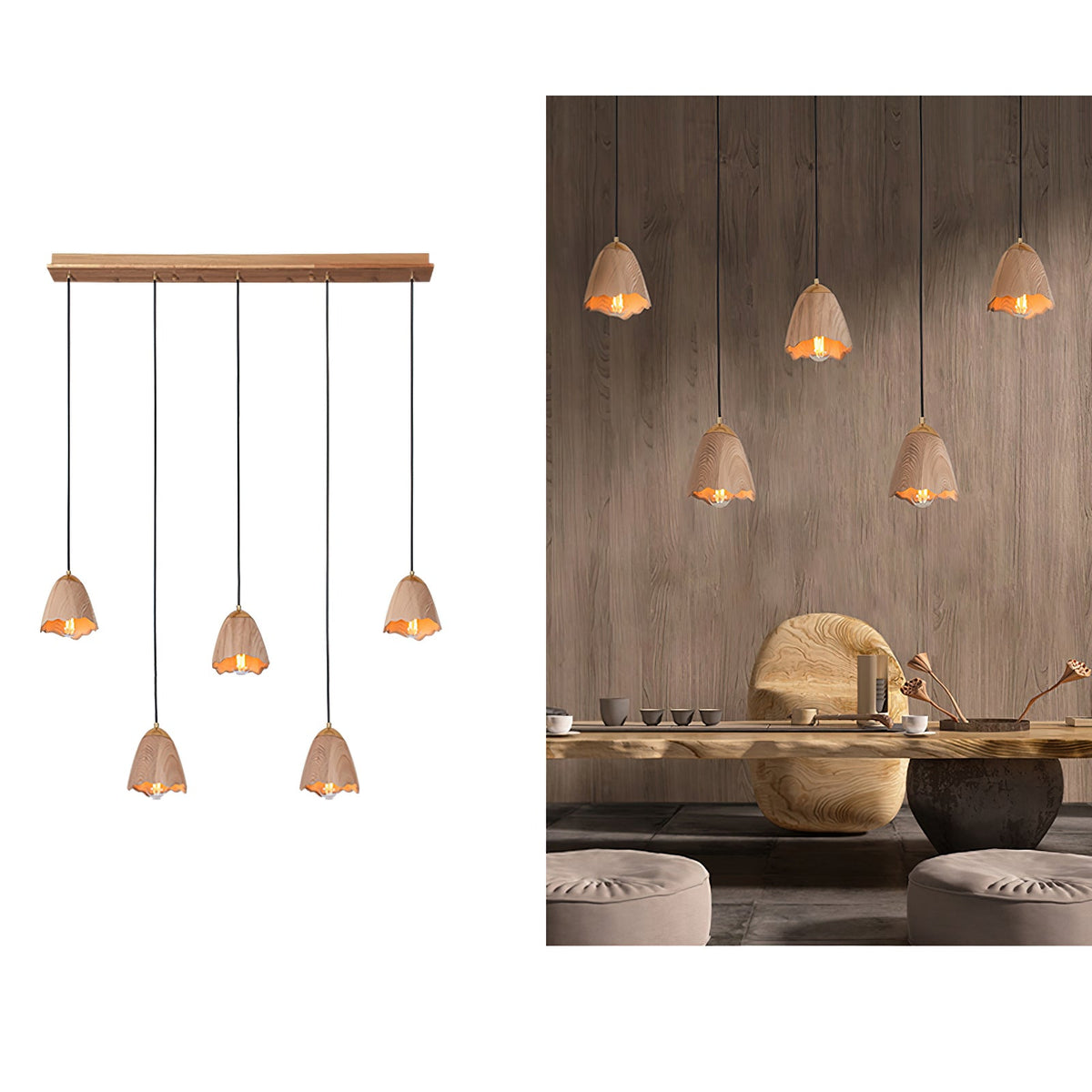 Melody Bell Wood Pendant Light – Modern Natural Chandelier for Dining and Living Spaces