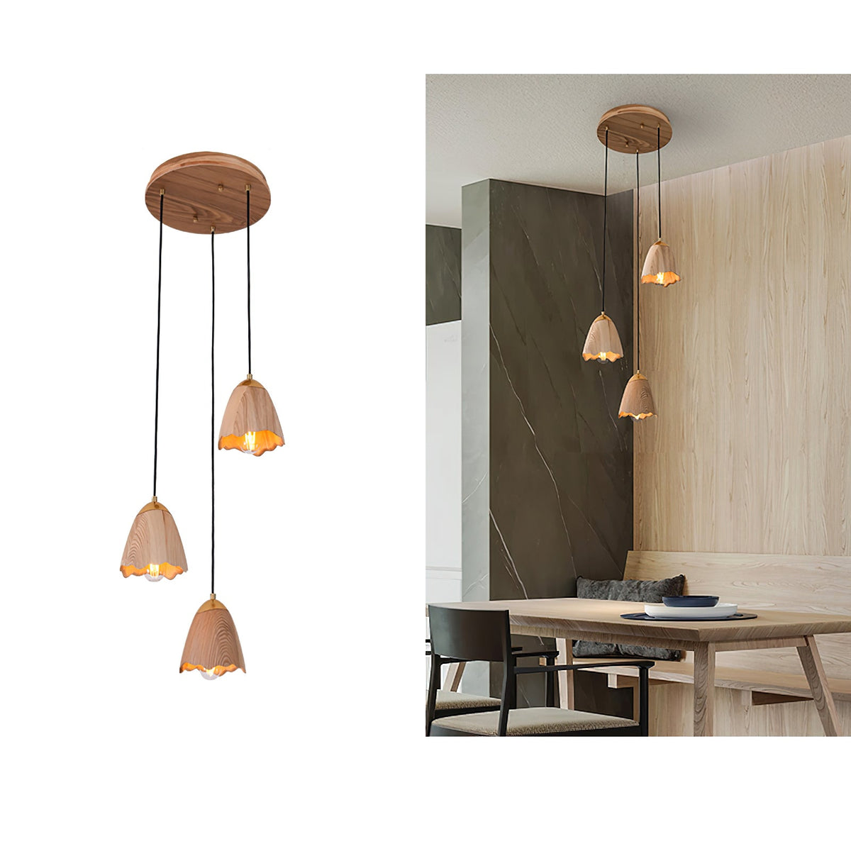 Melody Bell Wood Pendant Light – Modern Natural Chandelier for Dining and Living Spaces