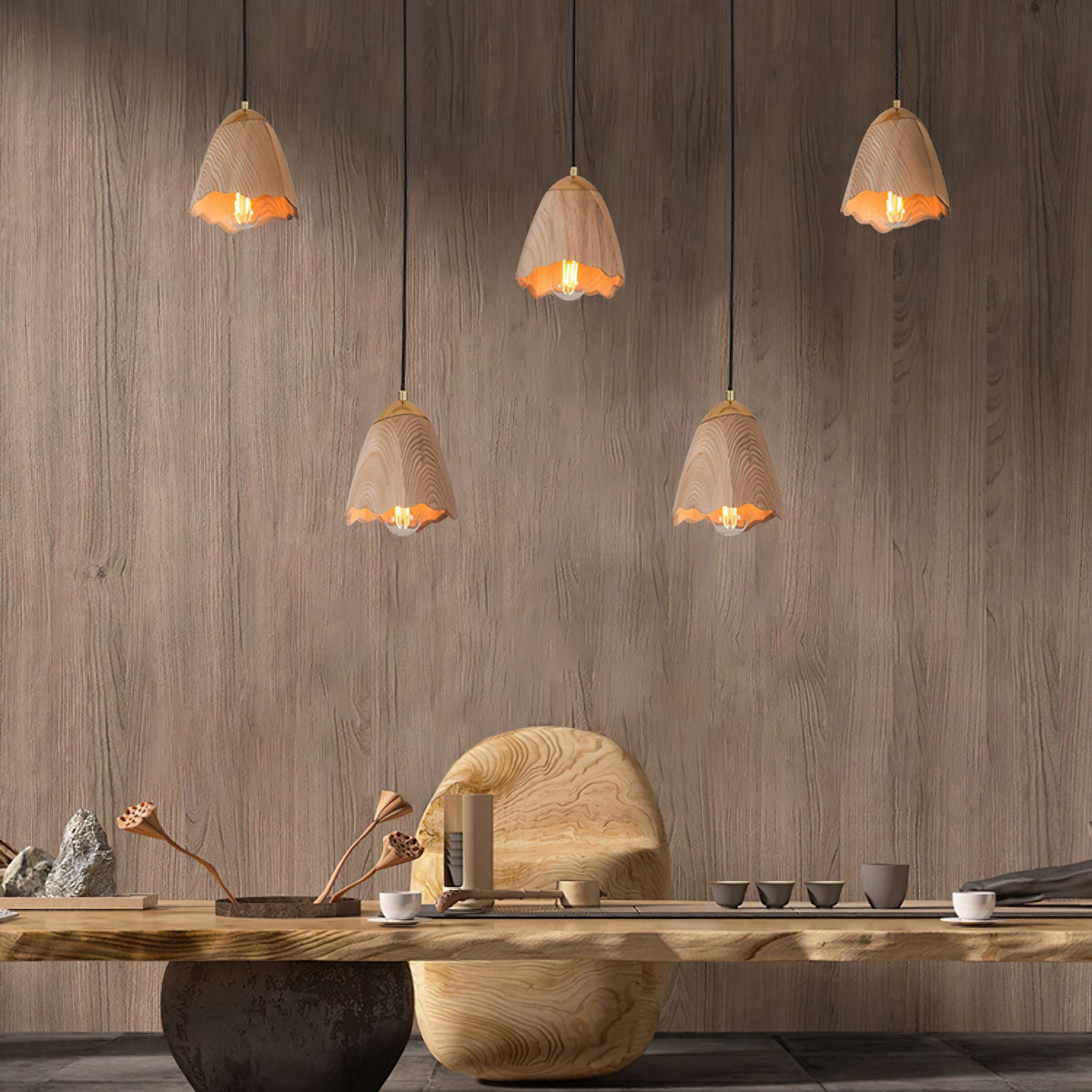 Melody Bell Wood Pendant Light – Modern Natural Chandelier for Dining and Living Spaces