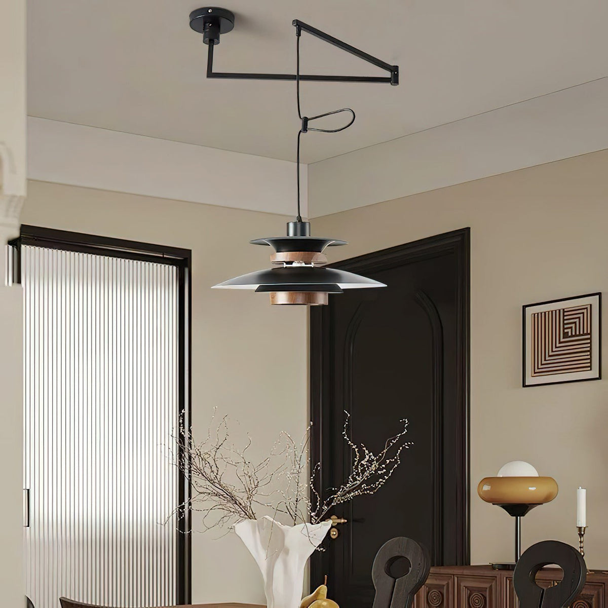 Mercero Swing Arm Pendant Light with Four Shades in Walnut