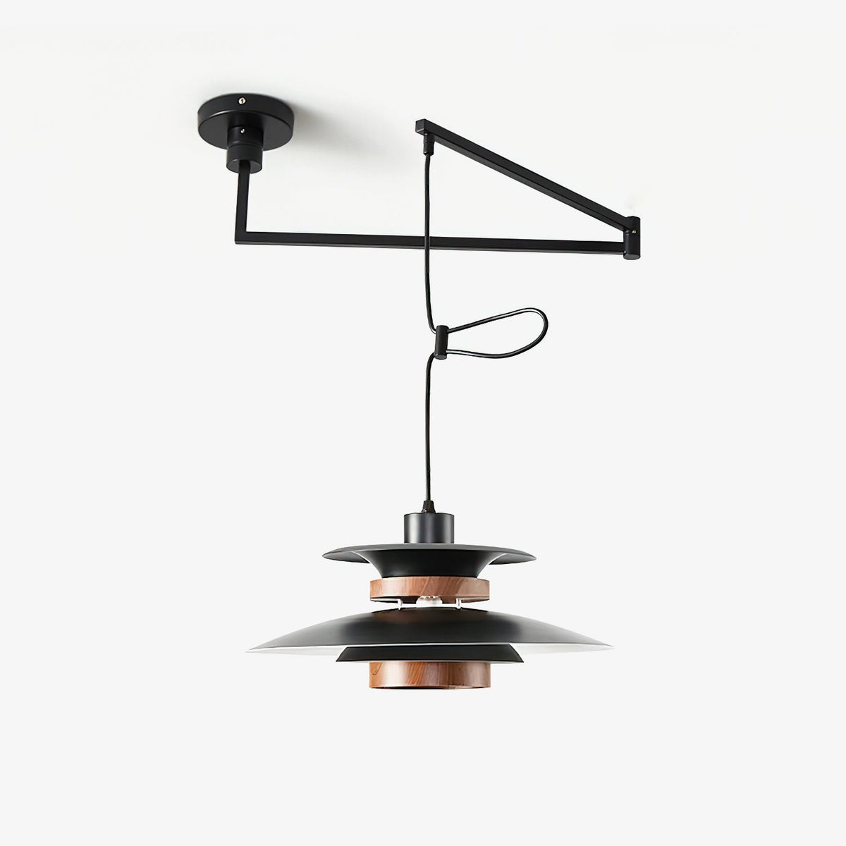 Mercero Swing Arm Pendant Light with Four Shades in Walnut
