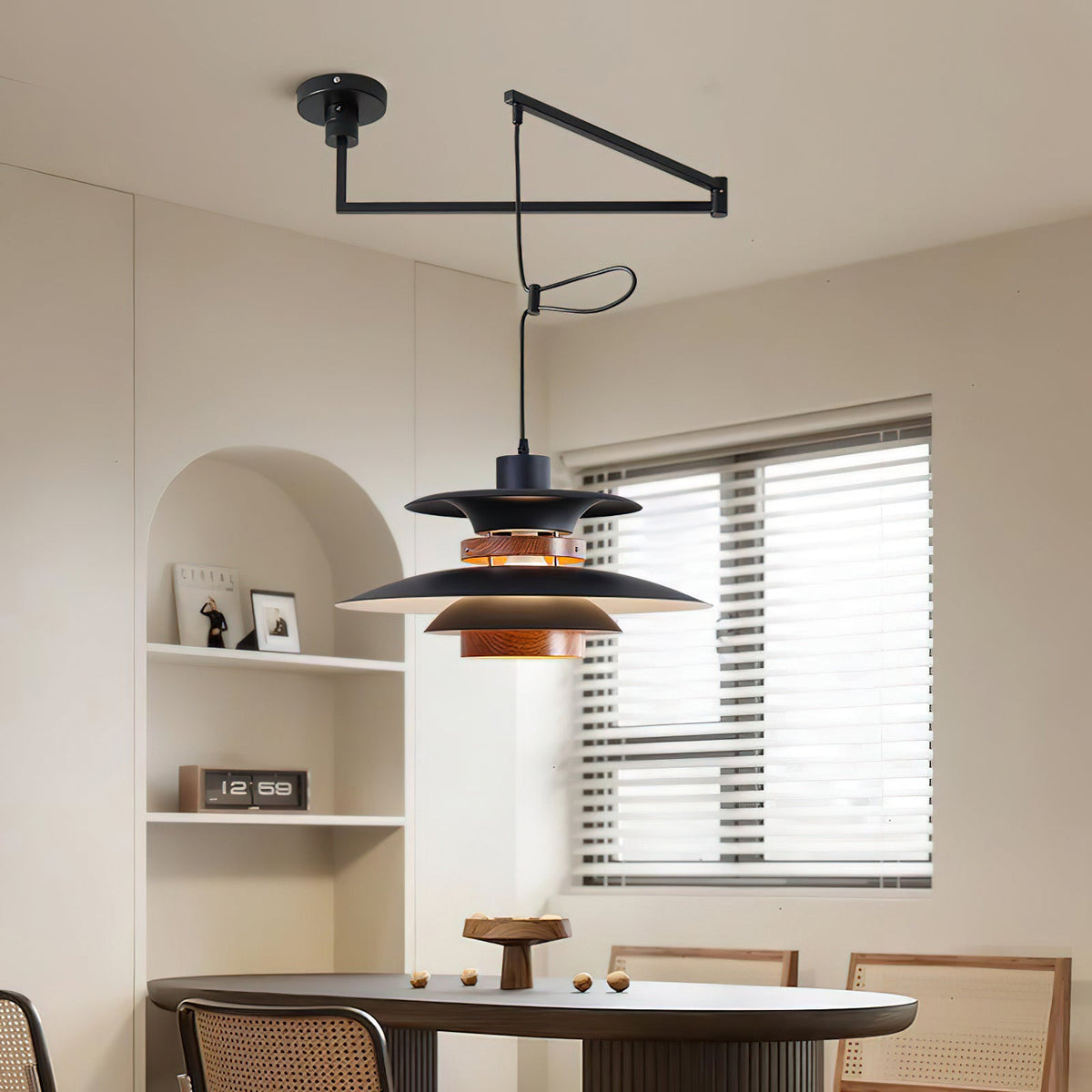 Mercero Swing Arm Pendant Light with Four Shades in Walnut