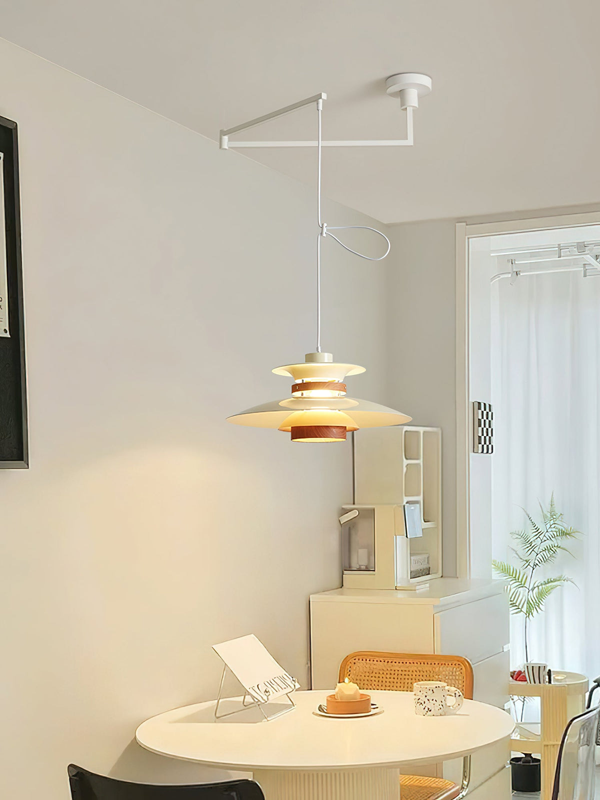 Mercero Swing Arm Pendant Light with Four Shades in Walnut