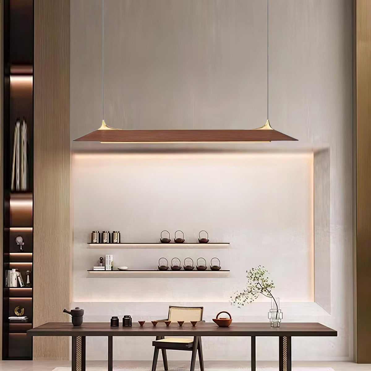 Mernoe Wooden Linear Chandelier with Brass Accents for Modern Interiors