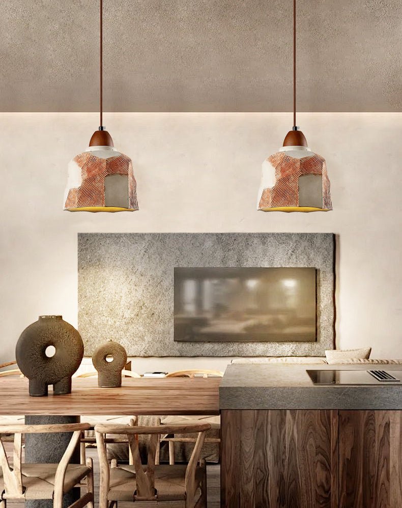 Artisan Microcement Pendant Light with Walnut Accent
