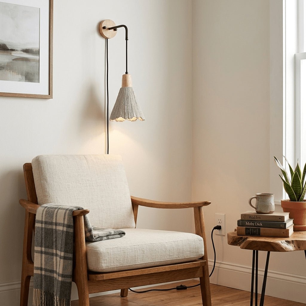 Microcement Plug-In Wall Sconce with Wood Mount