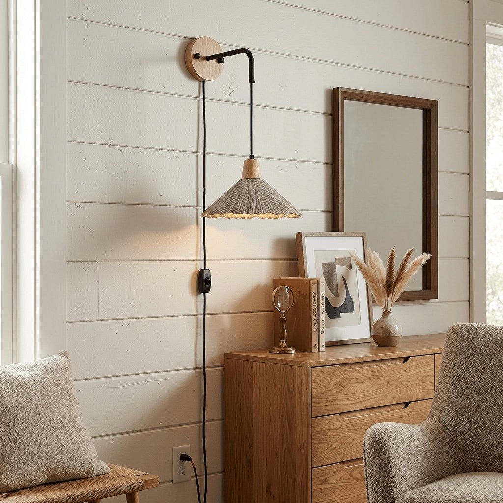 Microcement Plug-In Wall Sconce with Wood Mount