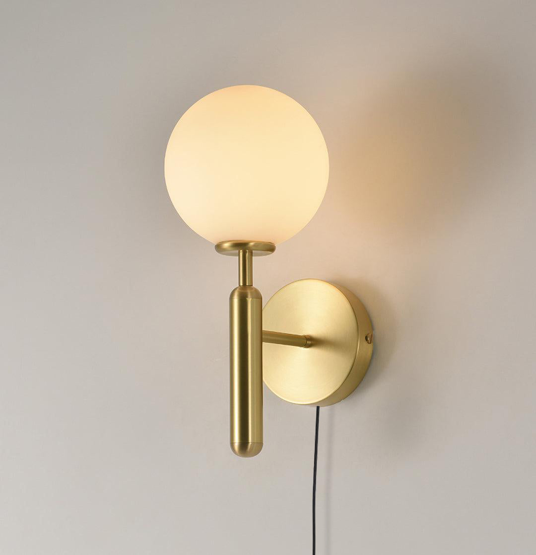 Nordica Plug-In Wall Sconce in Brass and Glass, Modern Nordic Bedroom Lamp