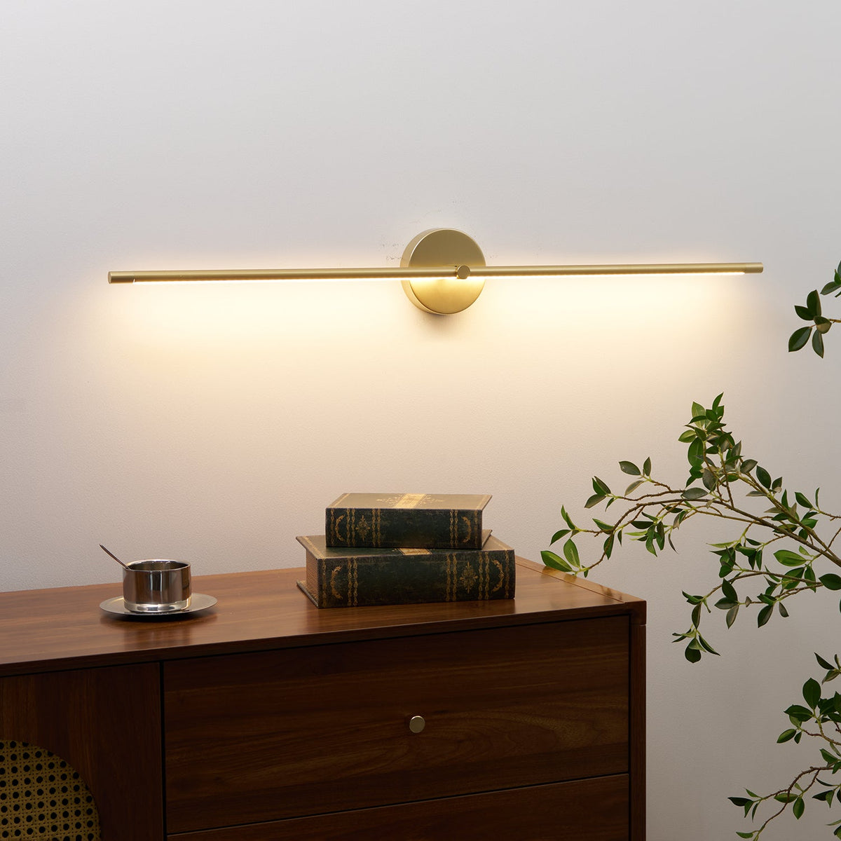 Linear LED Plug-In Wall Sconce with Metal Body and Warm Glow