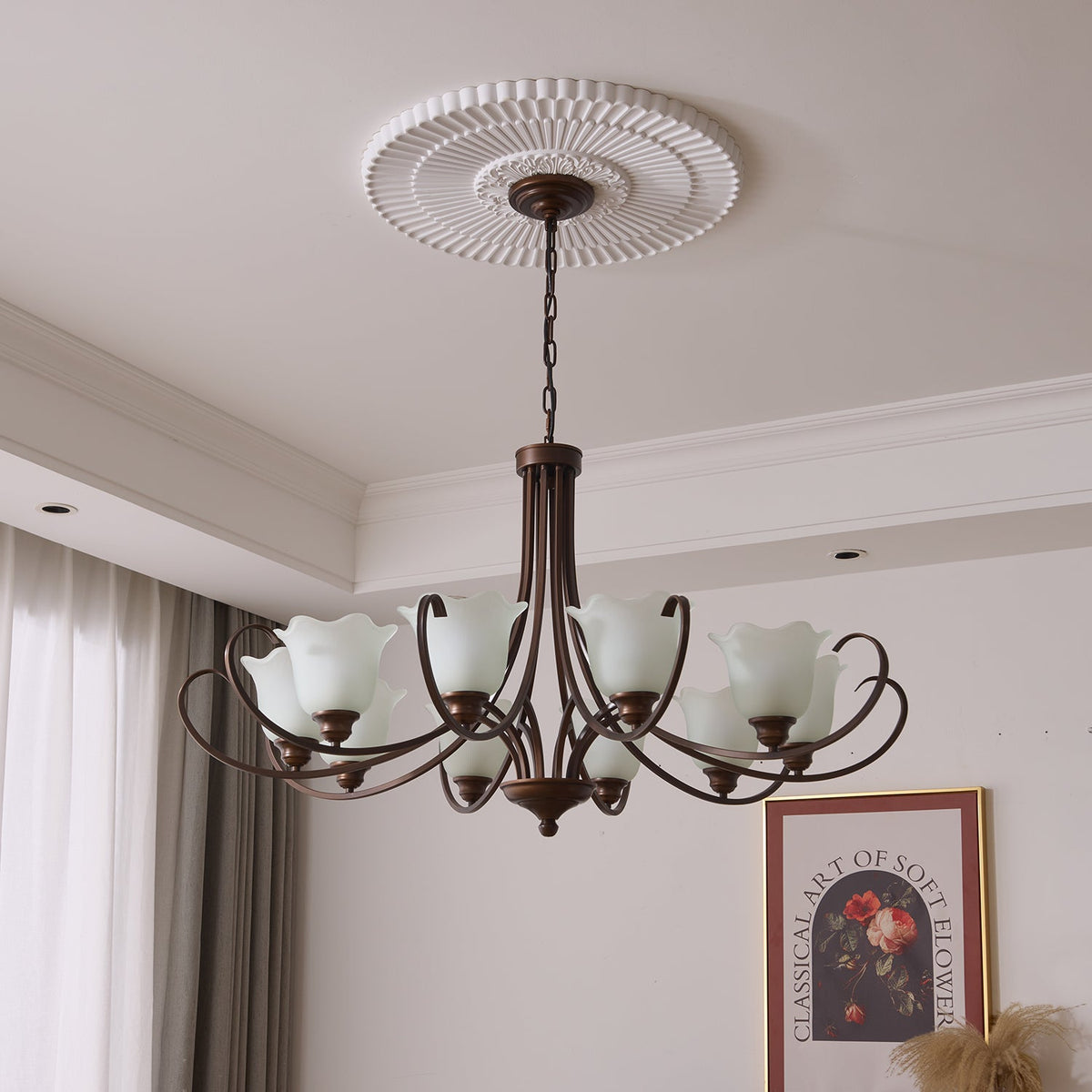 Mireille Floral Chandelier – Vintage-Inspired Glass and Bronze Pendant Light