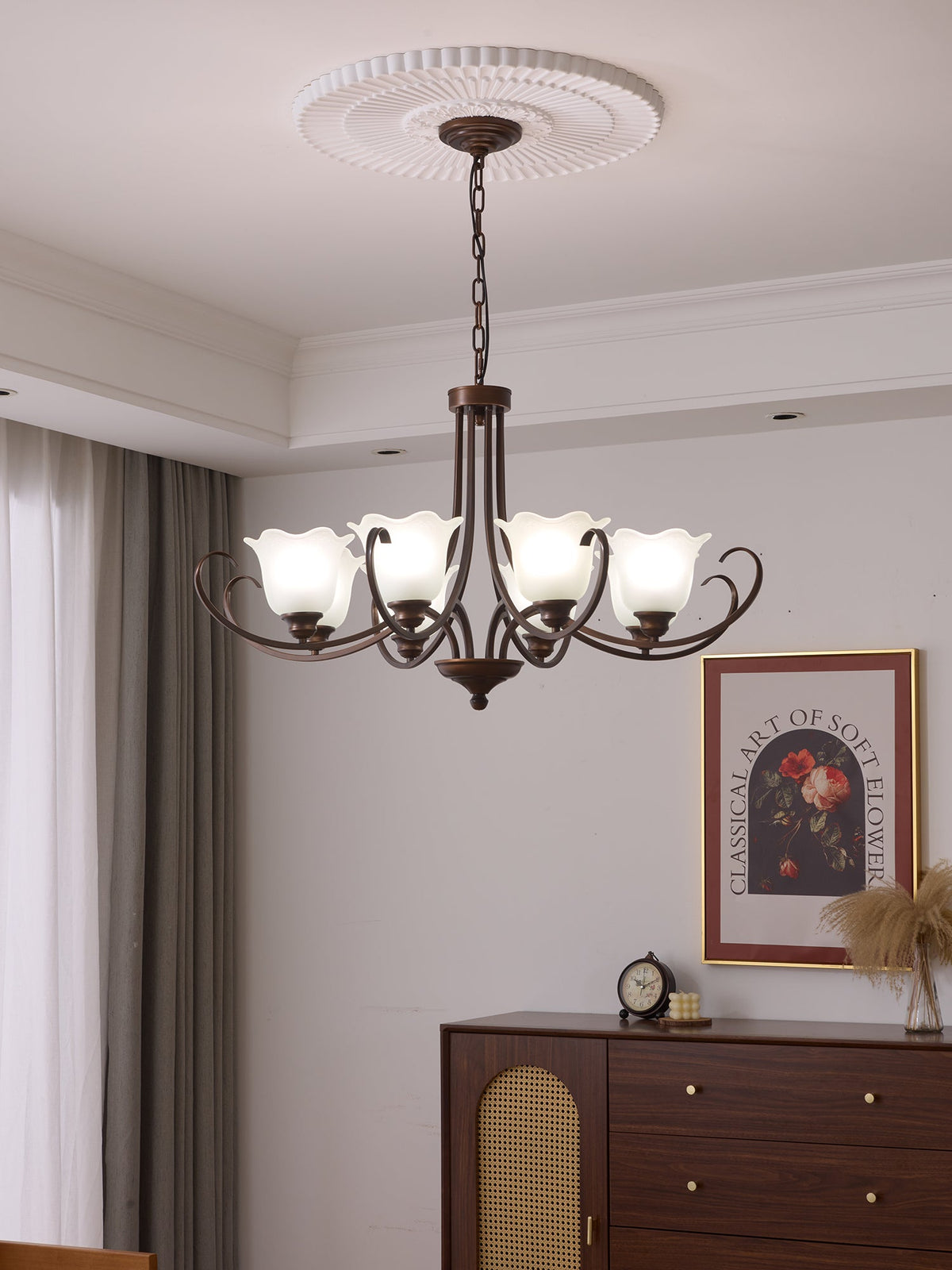 Mireille Floral Chandelier – Vintage-Inspired Glass and Bronze Pendant Light