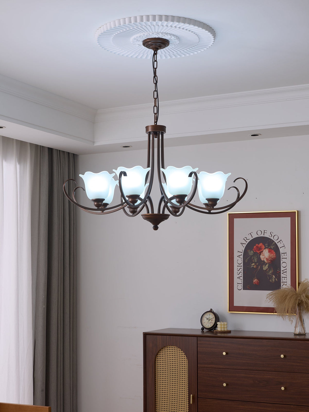 Mireille Floral Chandelier – Vintage-Inspired Glass and Bronze Pendant Light