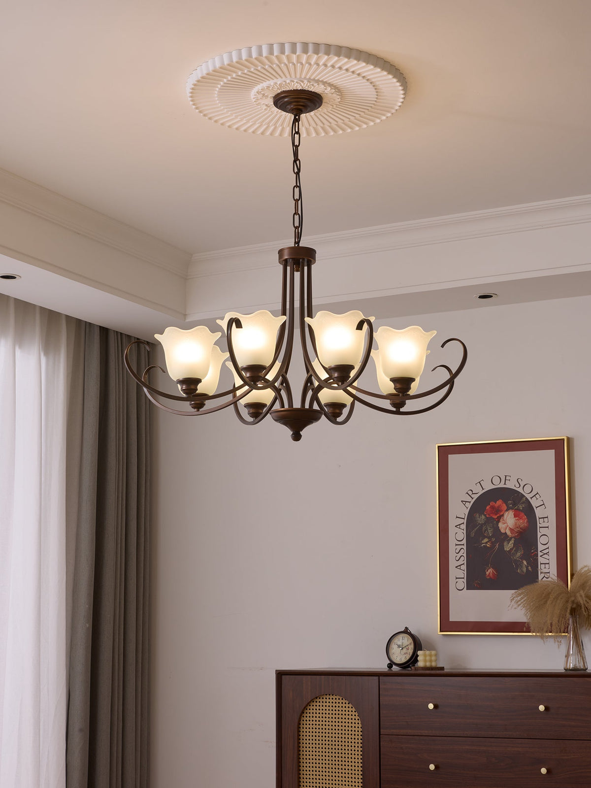 Mireille Floral Chandelier – Vintage-Inspired Glass and Bronze Pendant Light