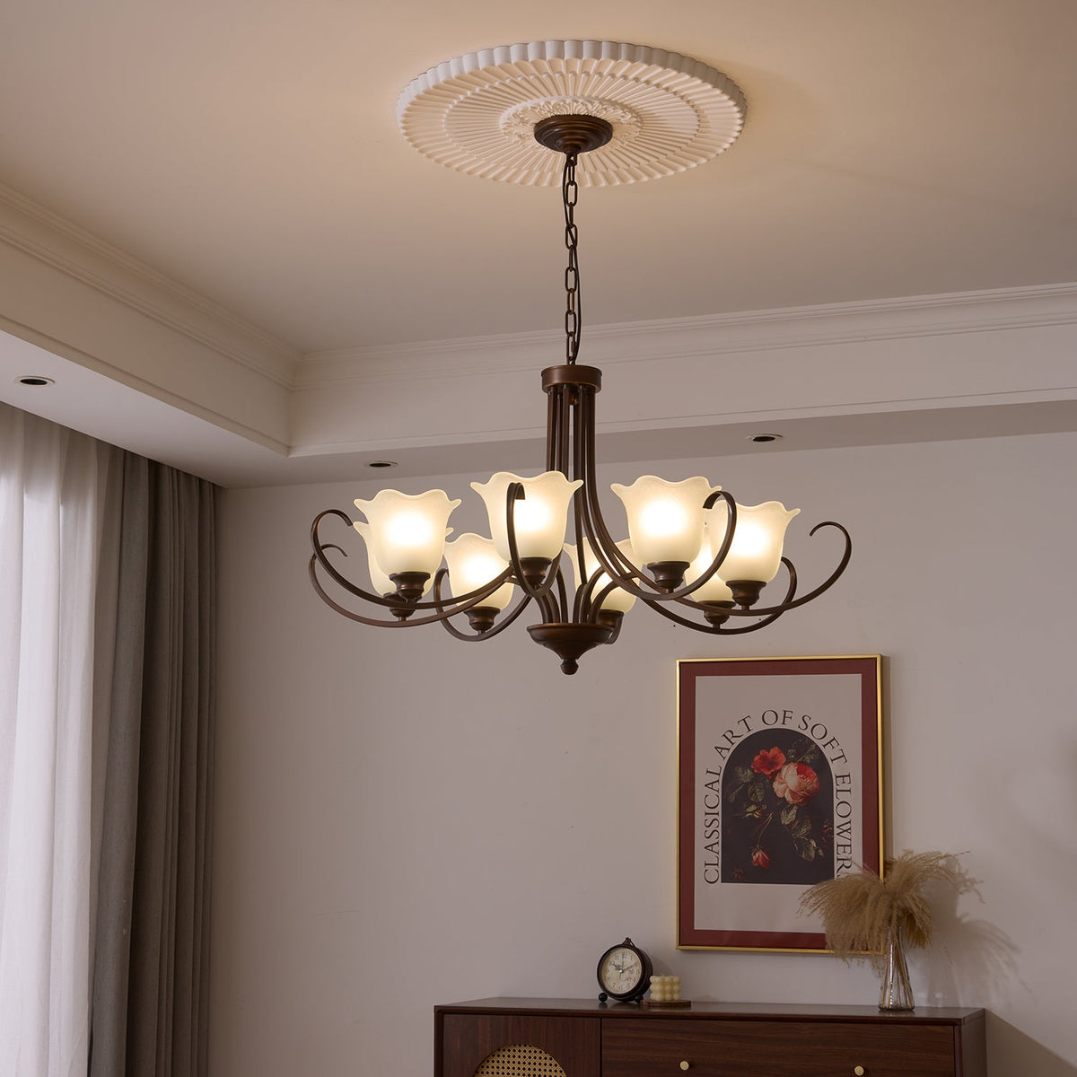 Mireille Floral Chandelier – Vintage-Inspired Glass and Bronze Pendant Light