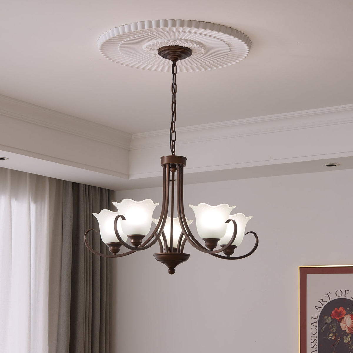 Mireille Floral Chandelier – Vintage-Inspired Glass and Bronze Pendant Light