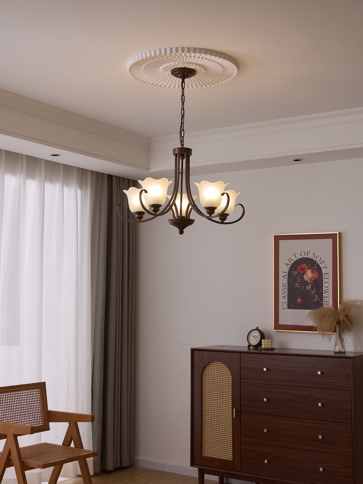 Mireille Floral Chandelier – Vintage-Inspired Glass and Bronze Pendant Light