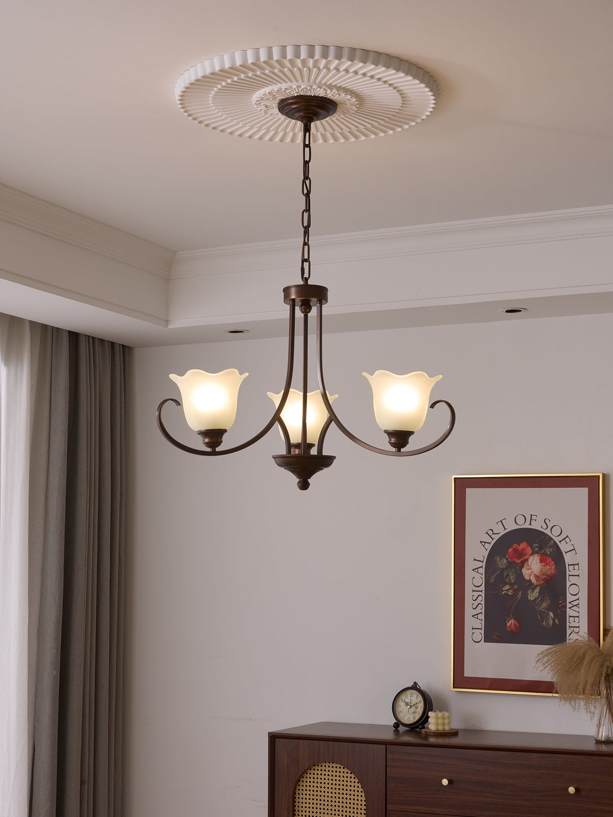 Mireille Floral Chandelier – Vintage-Inspired Glass and Bronze Pendant Light