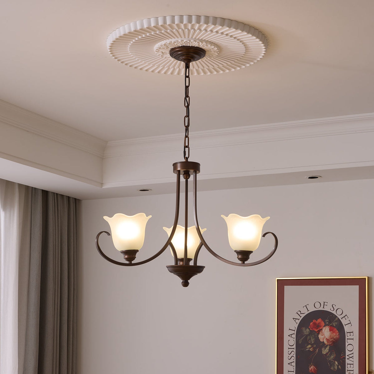 Mireille Floral Chandelier – Vintage-Inspired Glass and Bronze Pendant Light