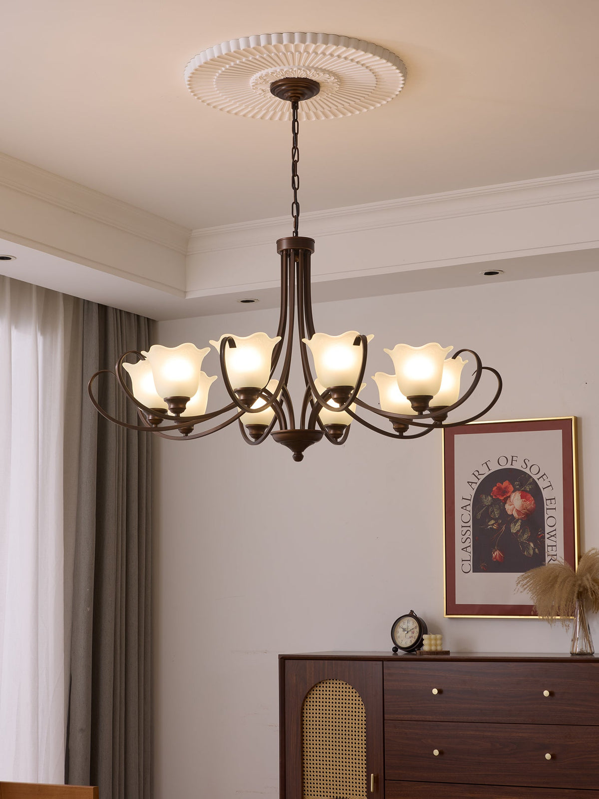 Mireille Floral Chandelier – Vintage-Inspired Glass and Bronze Pendant Light