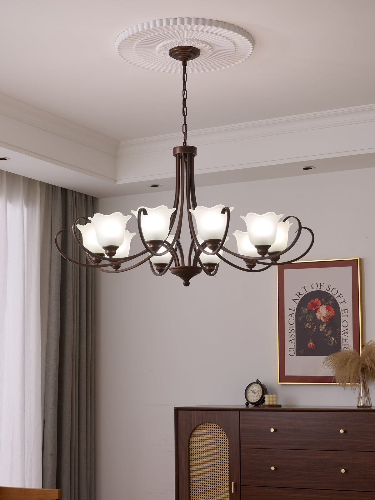 Mireille Floral Chandelier – Vintage-Inspired Glass and Bronze Pendant Light