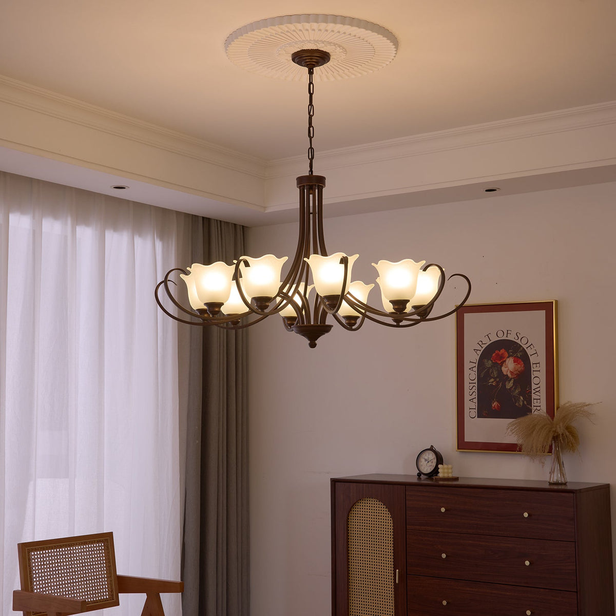 Mireille Floral Chandelier – Vintage-Inspired Glass and Bronze Pendant Light