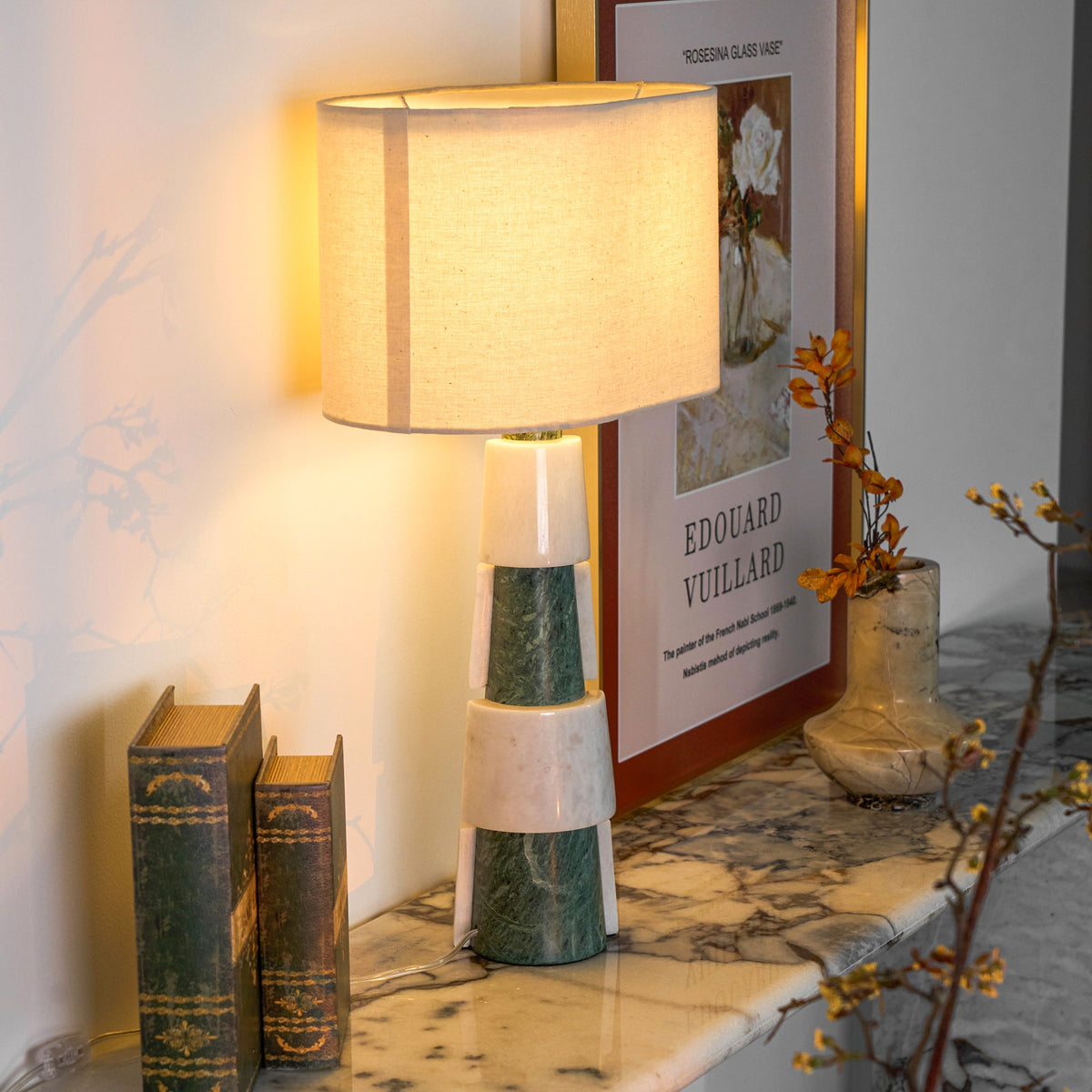 Duomo Marble Table Lamp – Sculptural Stone Base with Fabric Shade