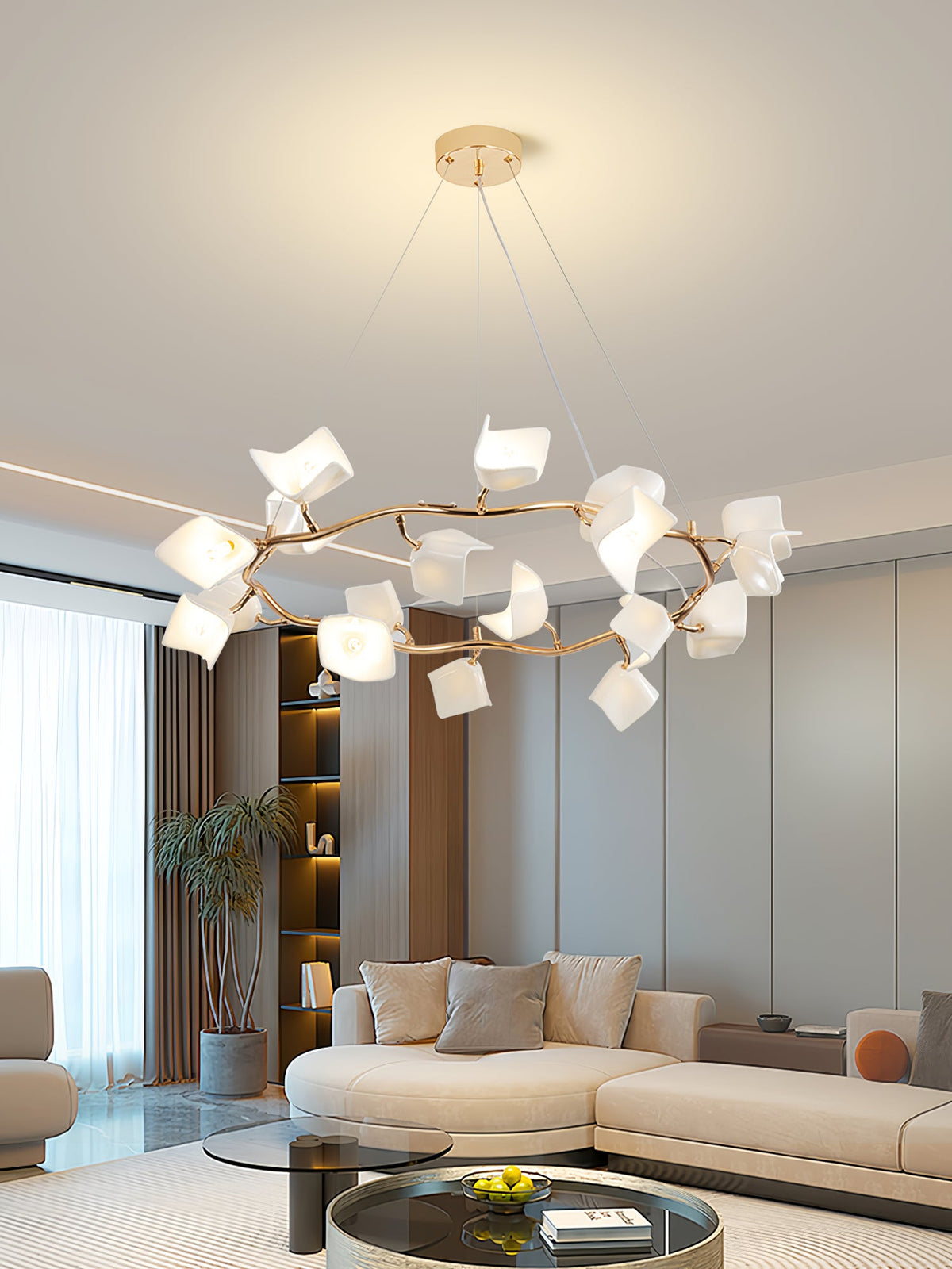 Mistral Flora Chandelier — Sculptural Ceramic Petal Chandelier in Gold