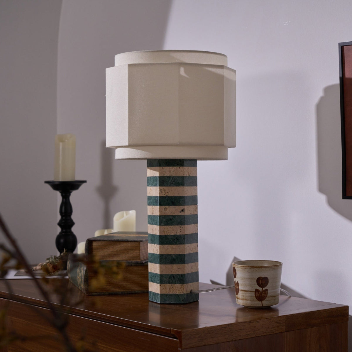 Modari Striped Stone Table Lamp – Travertine & Marble Sculptural Accent Light