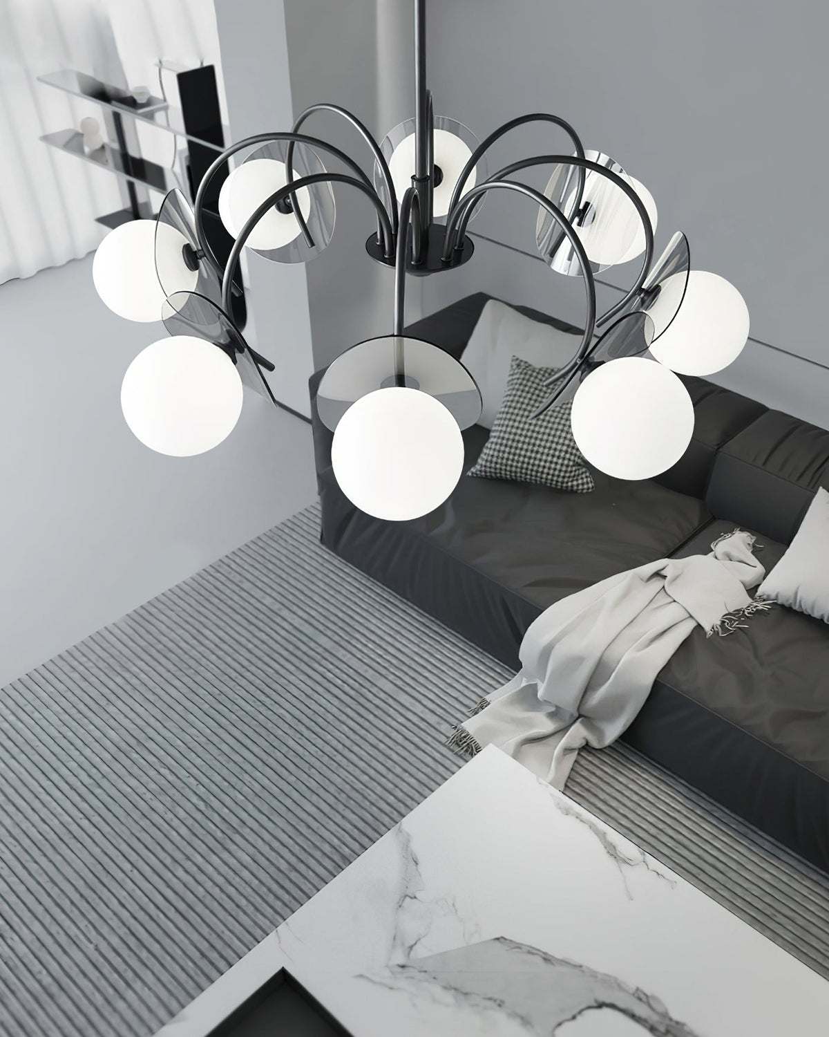 Molecular Glass Sphere Chandelier in Black and Brass