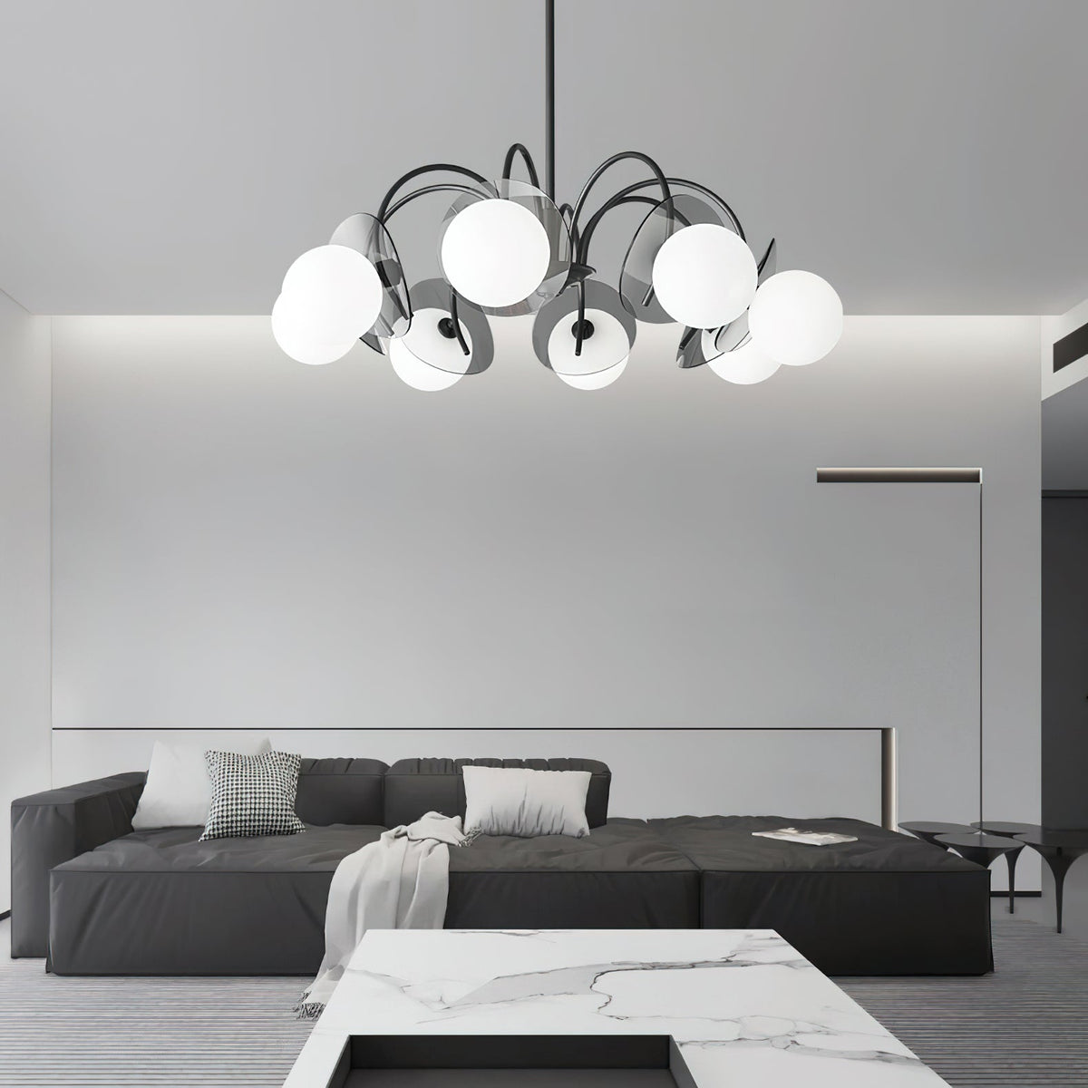 Molecular Glass Sphere Chandelier in Black and Brass