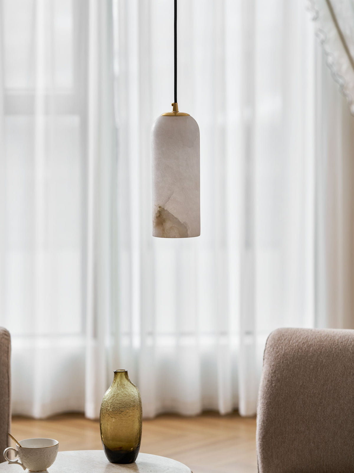 Monty Alabaster Pendant Light in Brass with Braided Cord