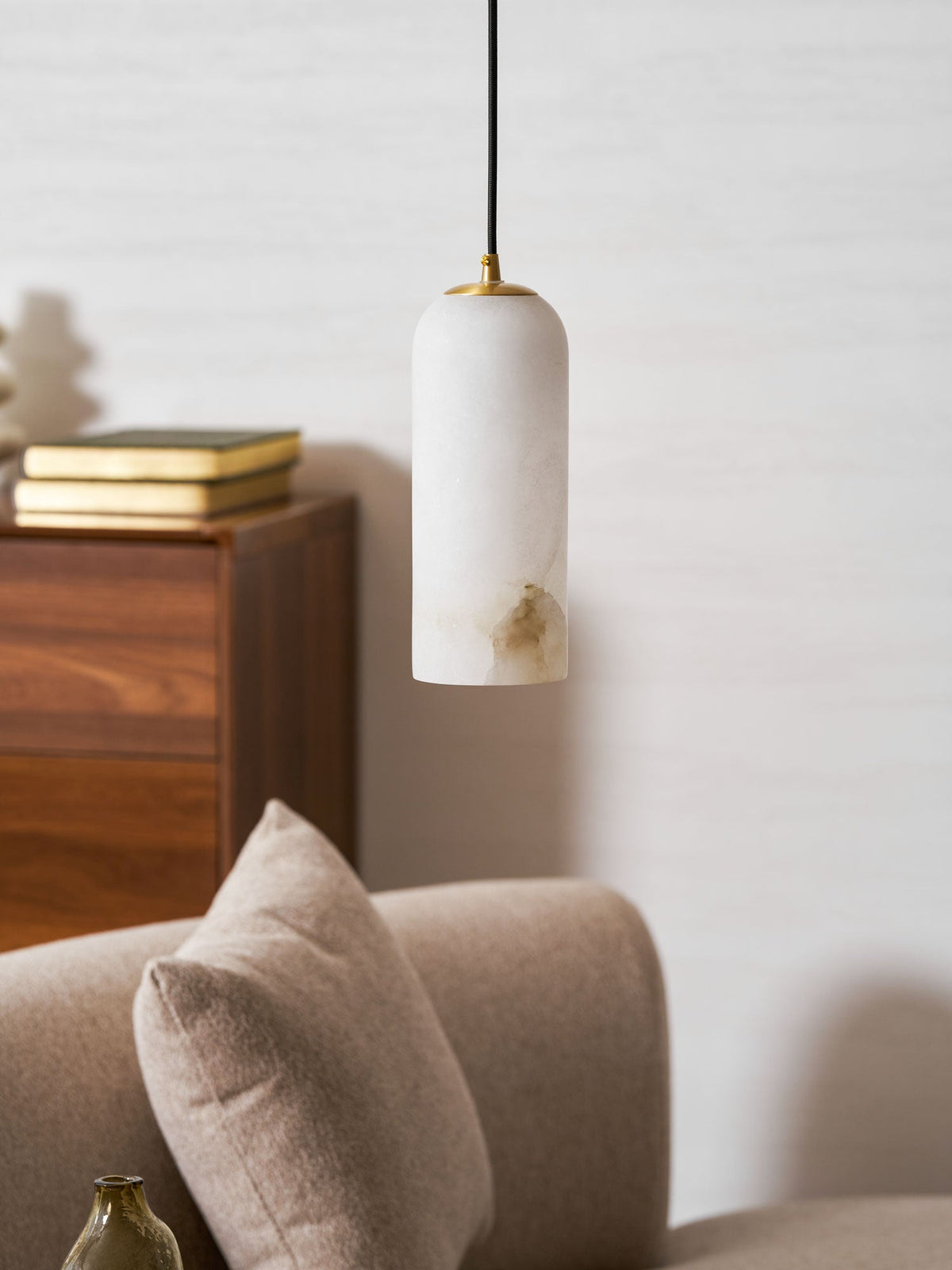 Monty Alabaster Pendant Light in Brass with Braided Cord