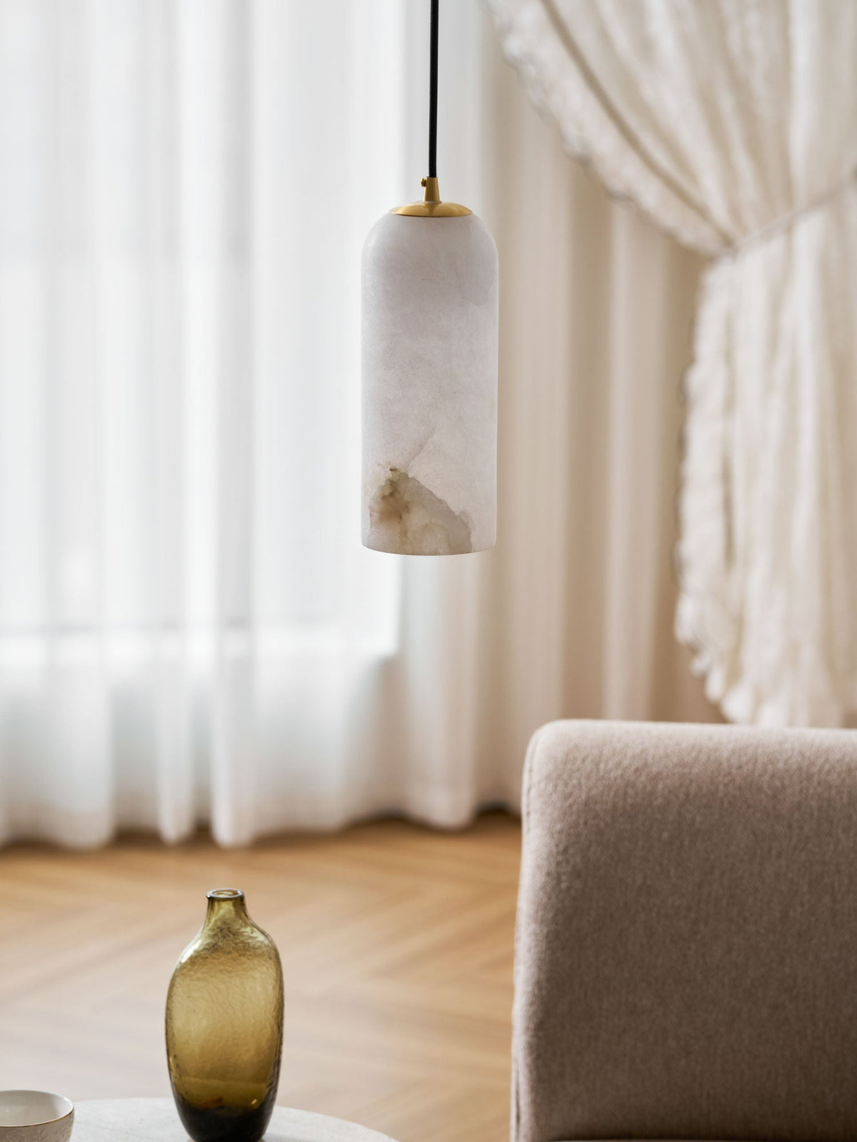Monty Alabaster Pendant Light in Brass with Braided Cord